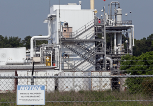 Manufacturing facility with stairs and no trespassing sign