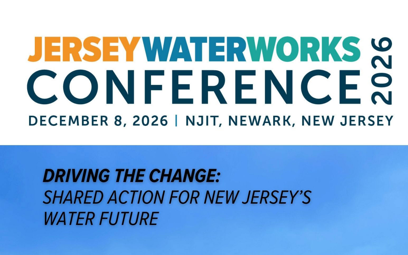 Title of conference on a white background and blue sky image